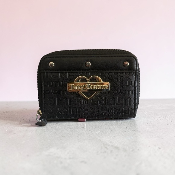Juicy Couture Handbags - Juicy Couture Black Embossed Zip Around Wallet Gold Heart Logo